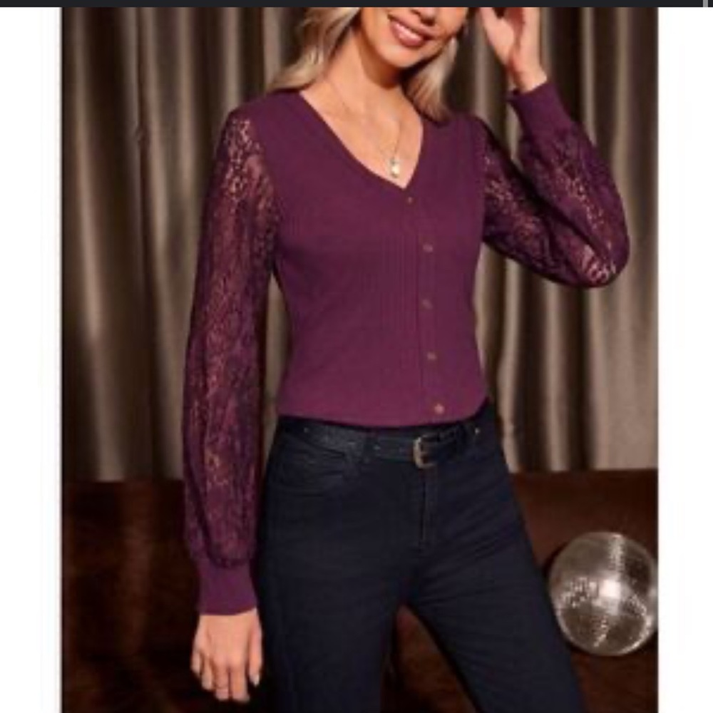 Soft Surroundings Women's‎ Burgundy San Remo Lace Button Up Sweater Size Small